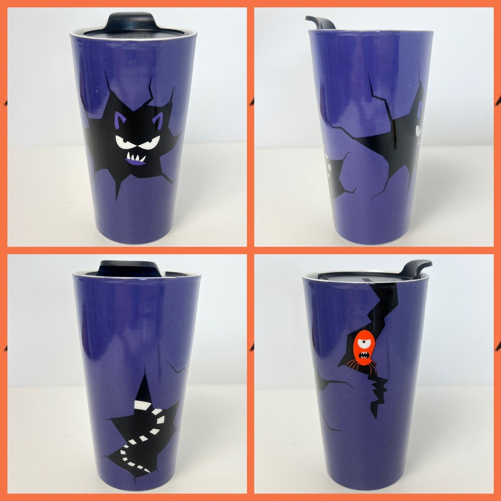 12oz David's Tea Purple Halloween Ceramic Tumbler Travel Mug Cracked‎ Monsters